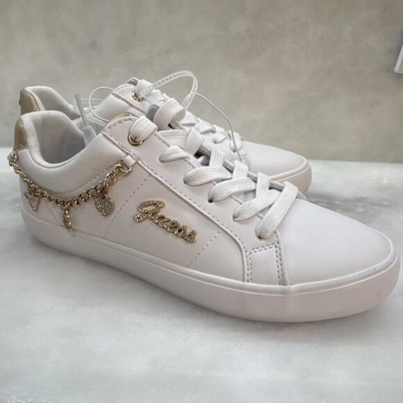 Guess Shoes - GUESS Women's White Gold Sneakers Charm Accent Logo Lace Up Low Top
